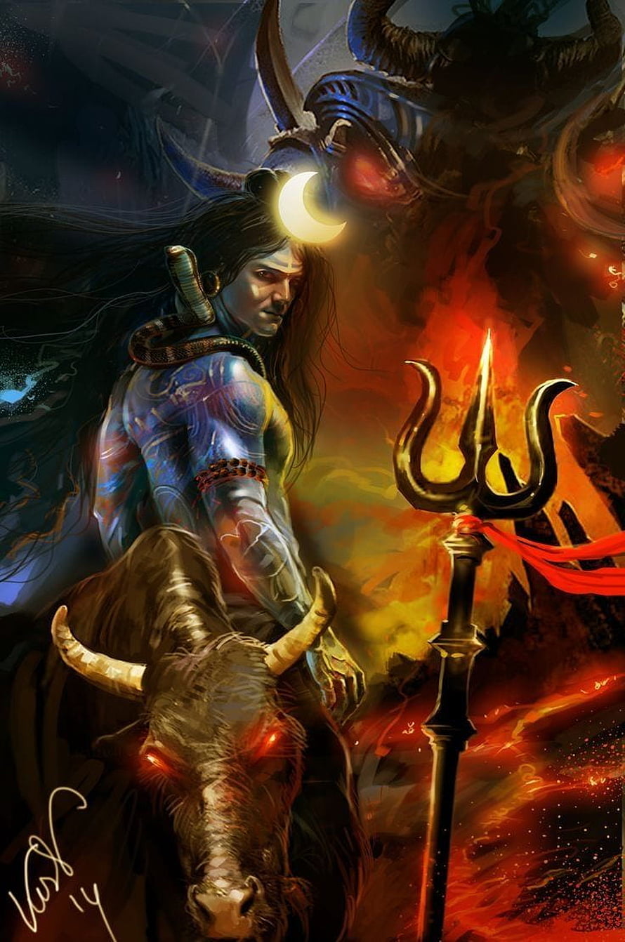 Lord Shiva with Trishul and Nandi in Dramatic Fantasy Art HD phone wallpaper