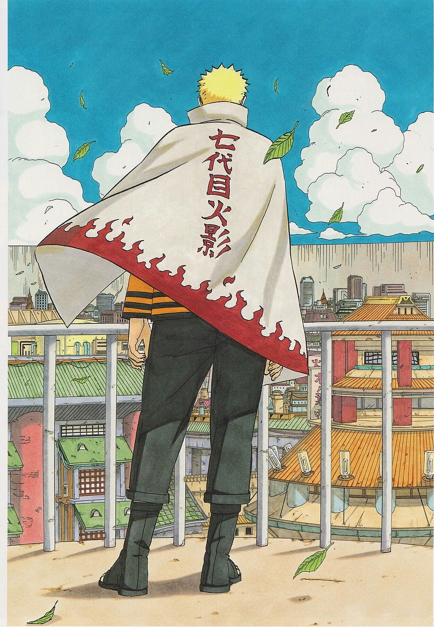 Naruto Hokage Standing on Rooftop Overlooking Hidden Leaf Village HD phone wallpaper