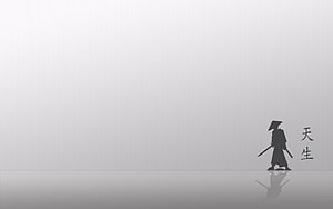 Minimalist Silhouette of a Japanese Samurai Warrior Walking with Katana on Gray Background HD wallpaper