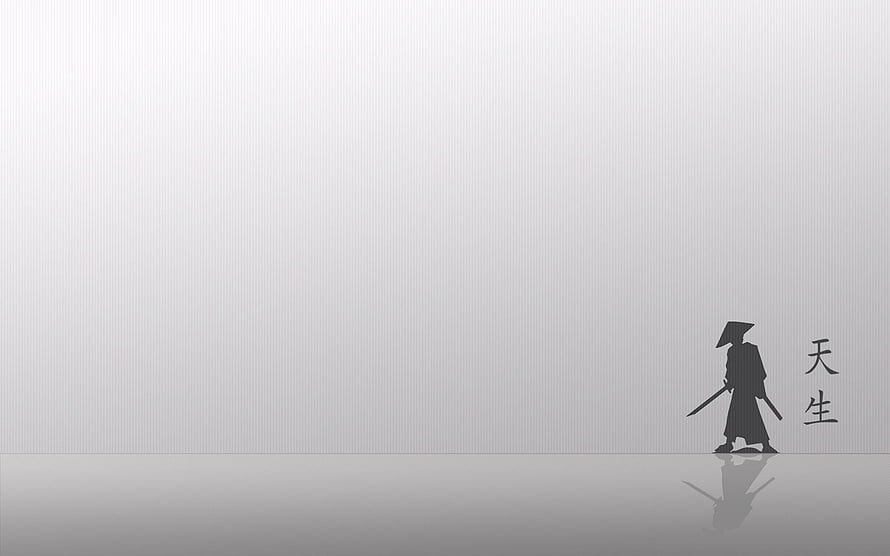 Minimalist Silhouette of a Japanese Samurai Warrior Walking with Katana on Gray Background HD wallpaper