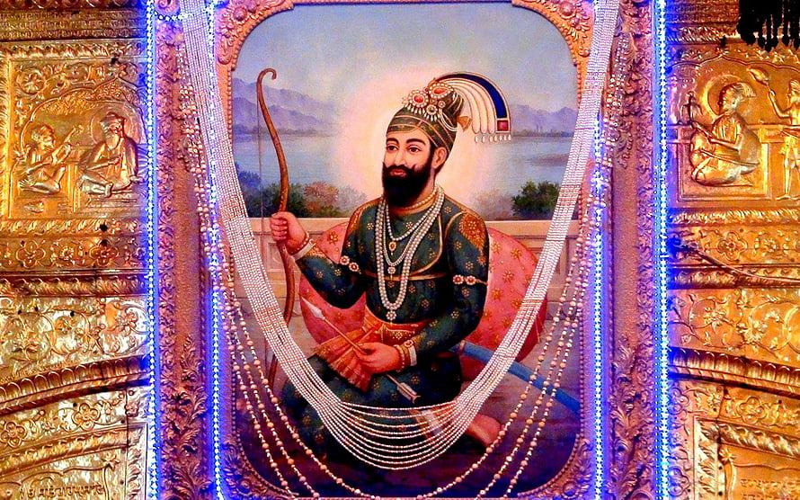 Guru Gobind Singh Ji Portrait at Sri Hazur Sahib with Ornate Gold Carvings and LED Lights HD wallpaper