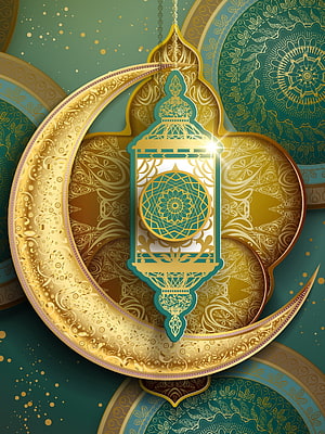 Elegant Ramadan Lantern and Crescent Moon with Intricate Islamic Geometric Patterns HD phone wallpaper