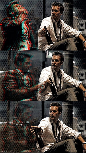 Christian Bale as Patrick Bateman in American Psycho, sitting with a bottle and a ghostly reflection, Fight Club , brad pitt fight club HD phone wallpaper