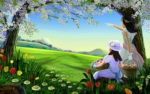 Two Girls Enjoying a Spring Day in a Blossoming Meadow with Easter Eggs HD wallpaper