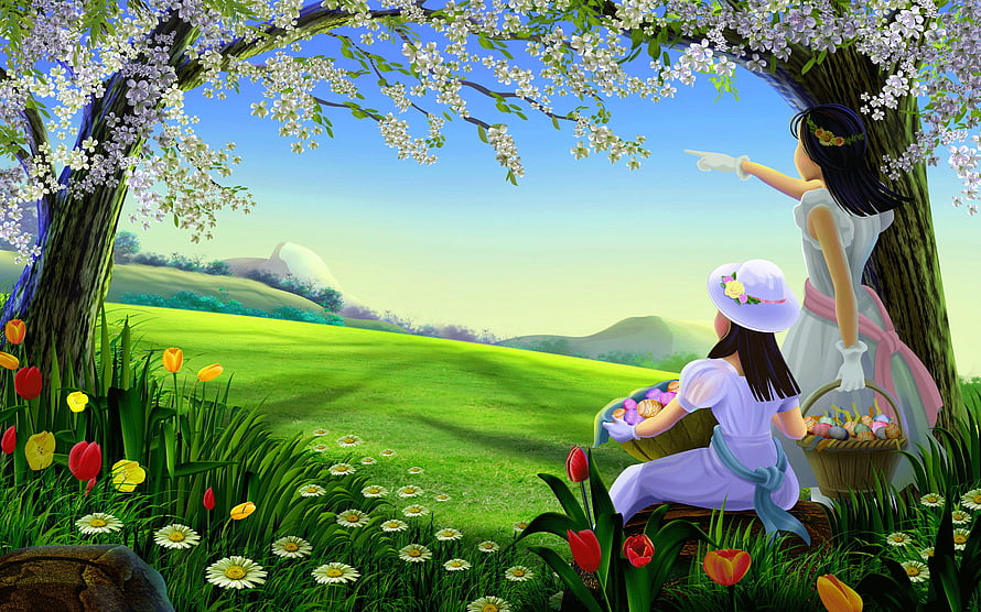 Two Girls Enjoying a Spring Day in a Blossoming Meadow with Easter Eggs HD wallpaper