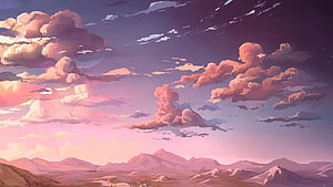 Anime Style Sunset Landscape With Pink Clouds And Mountains HD wallpaper