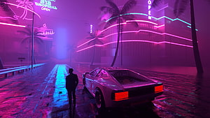 Neon-lit retro-futuristic street scene with a classic sports car and lone figure walking under pink and blue lights HD wallpaper