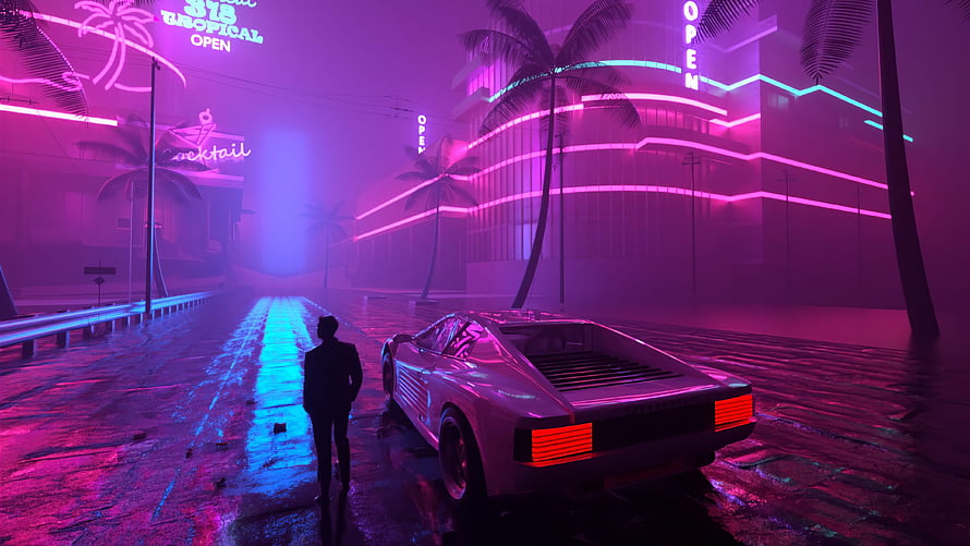 Neon-lit retro-futuristic street scene with a classic sports car and lone figure walking under pink and blue lights HD wallpaper