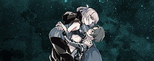 Yofukashi no Uta Anime Illustration of Two Characters in an Intimate Embrace Against a Starry Night Sky HD wallpaper