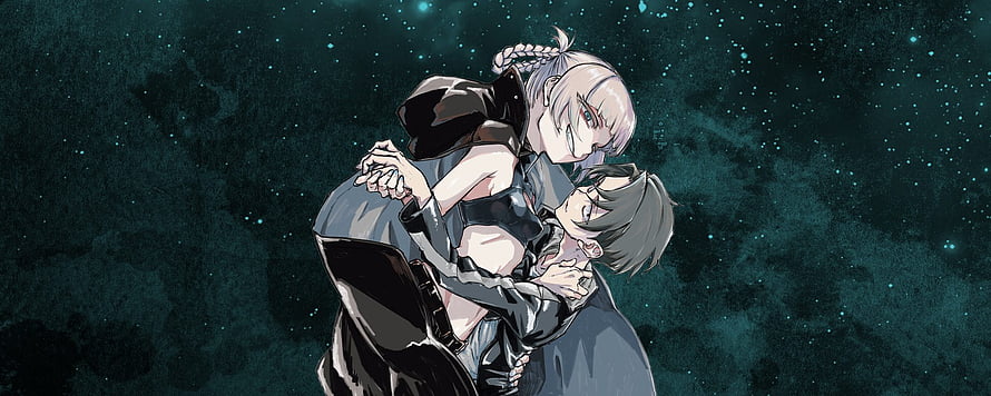 Yofukashi no Uta Anime Illustration of Two Characters in an Intimate Embrace Against a Starry Night Sky HD wallpaper