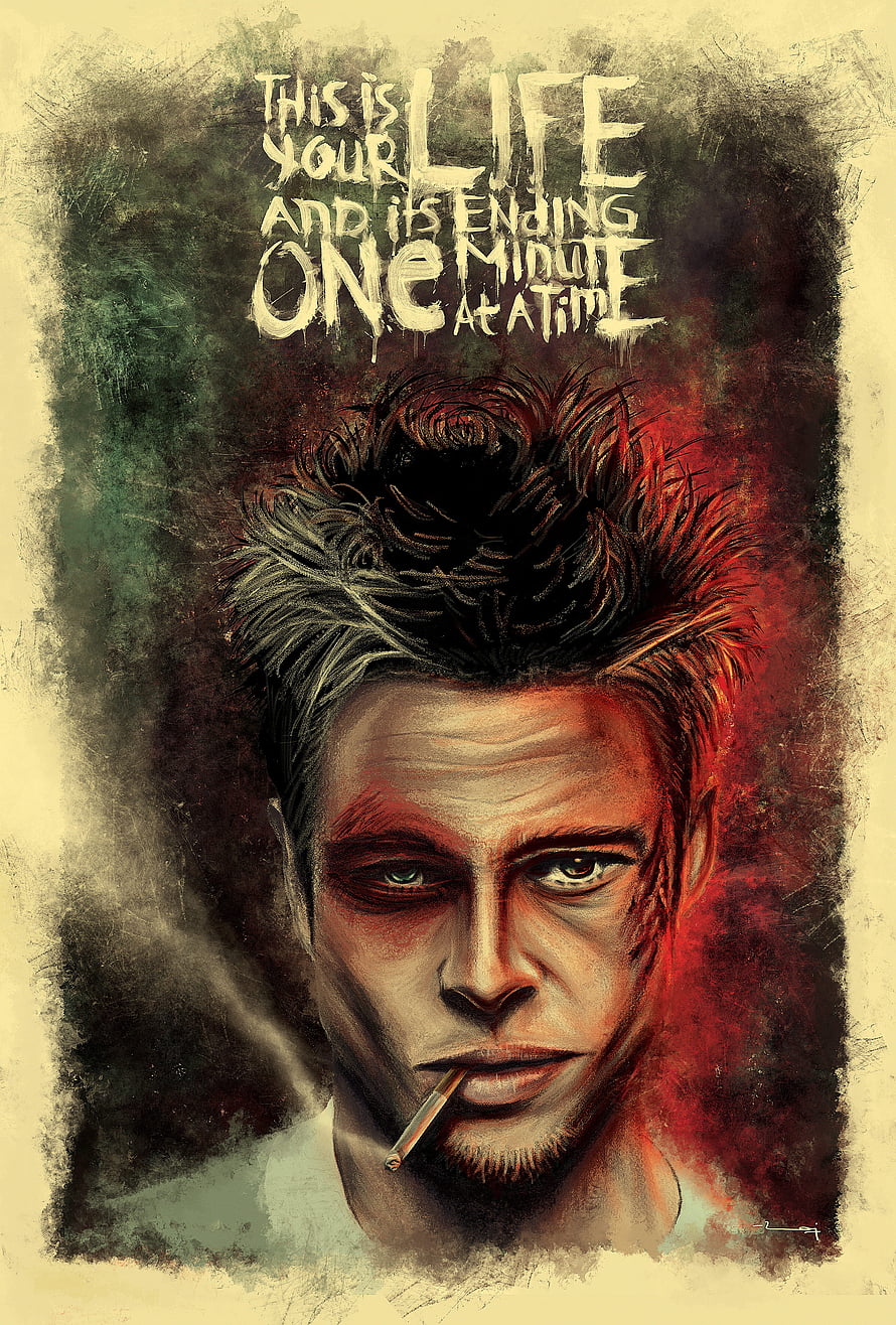 Brad Pitt as Tyler Durden in Fight Club with cigarette and gritty red background HD phone wallpaper