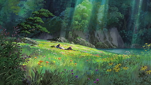 Anime Girl Relaxing in a Lush Green Meadow with Sunbeams and Wildflowers HD wallpaper