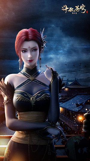 Battle Through the Heavens Season 4 Red-Haired Female Character in Ornate Black and Gold Attire HD phone wallpaper