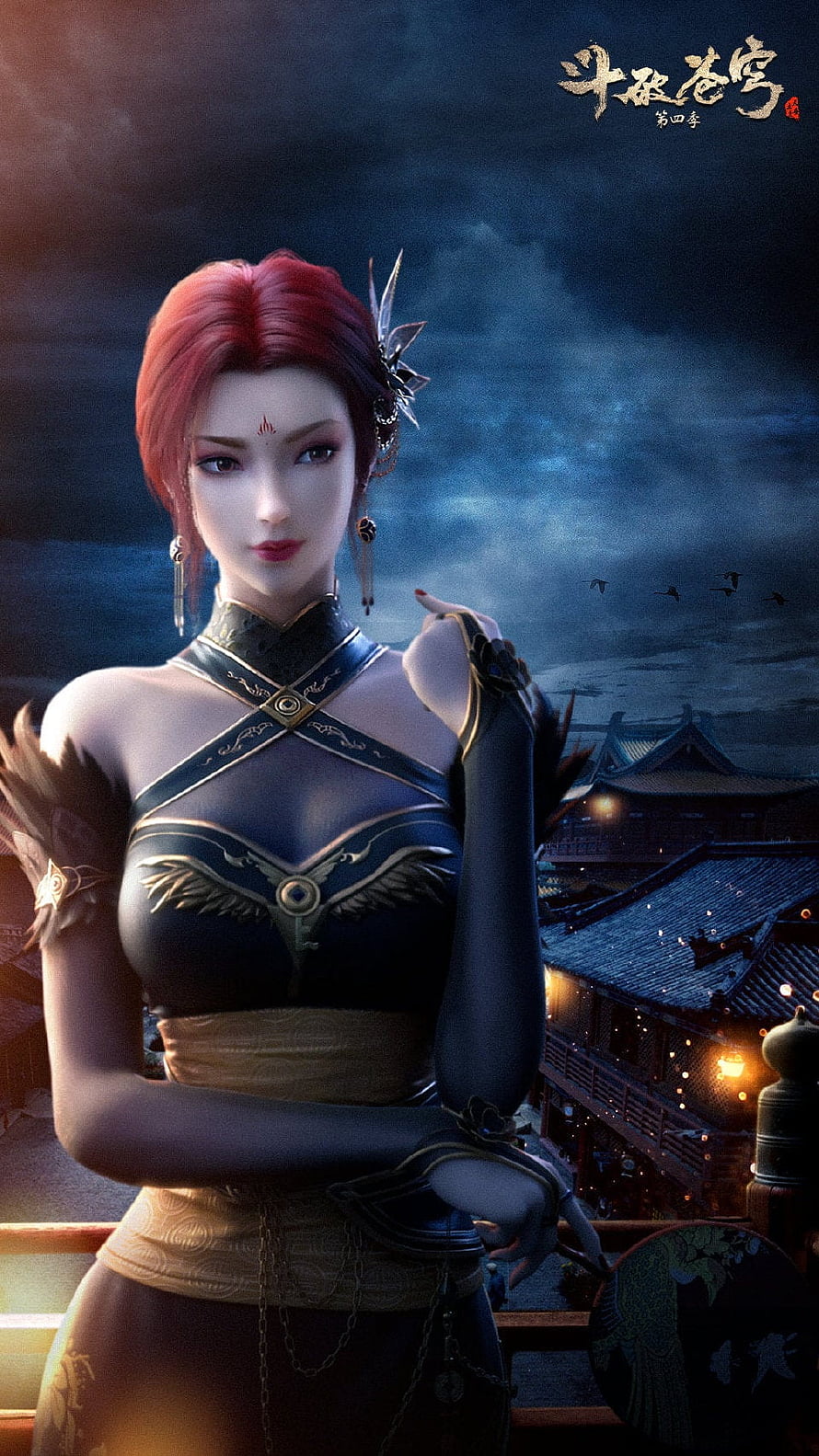 Battle Through the Heavens Season 4 Red-Haired Female Character in Ornate Black and Gold Attire HD phone wallpaper