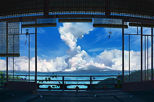 Serene Japanese Pavilion View of Summer Sky and Ocean in Anime Style HD wallpaper