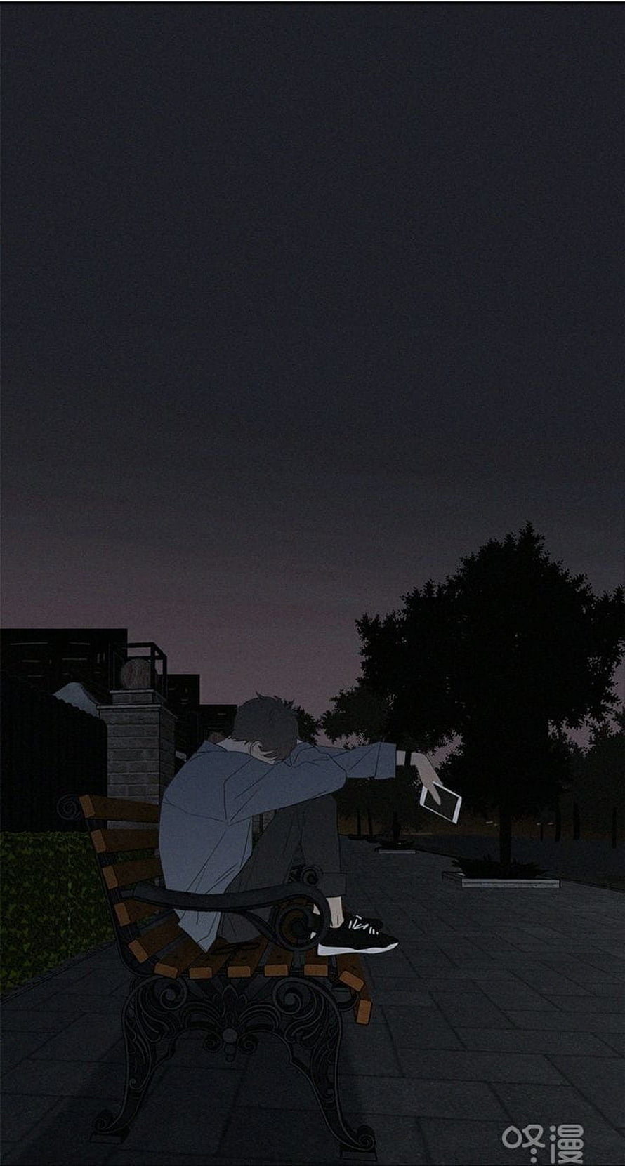 Melancholic Anime Boy Sitting Alone on Park Bench at Dusk HD phone wallpaper