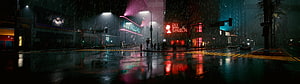 Neon-lit Cyberpunk City Street in Heavy Rain with Glowing Signs and Wet Pavement Reflections HD wallpaper