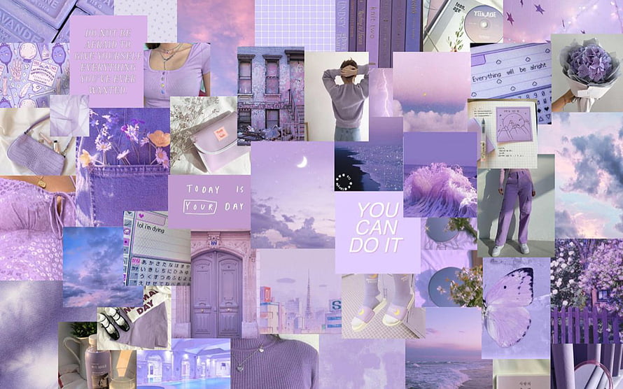 Soft Lavender Aesthetic Collage with Motivational Quotes and Dreamy Clouds HD wallpaper