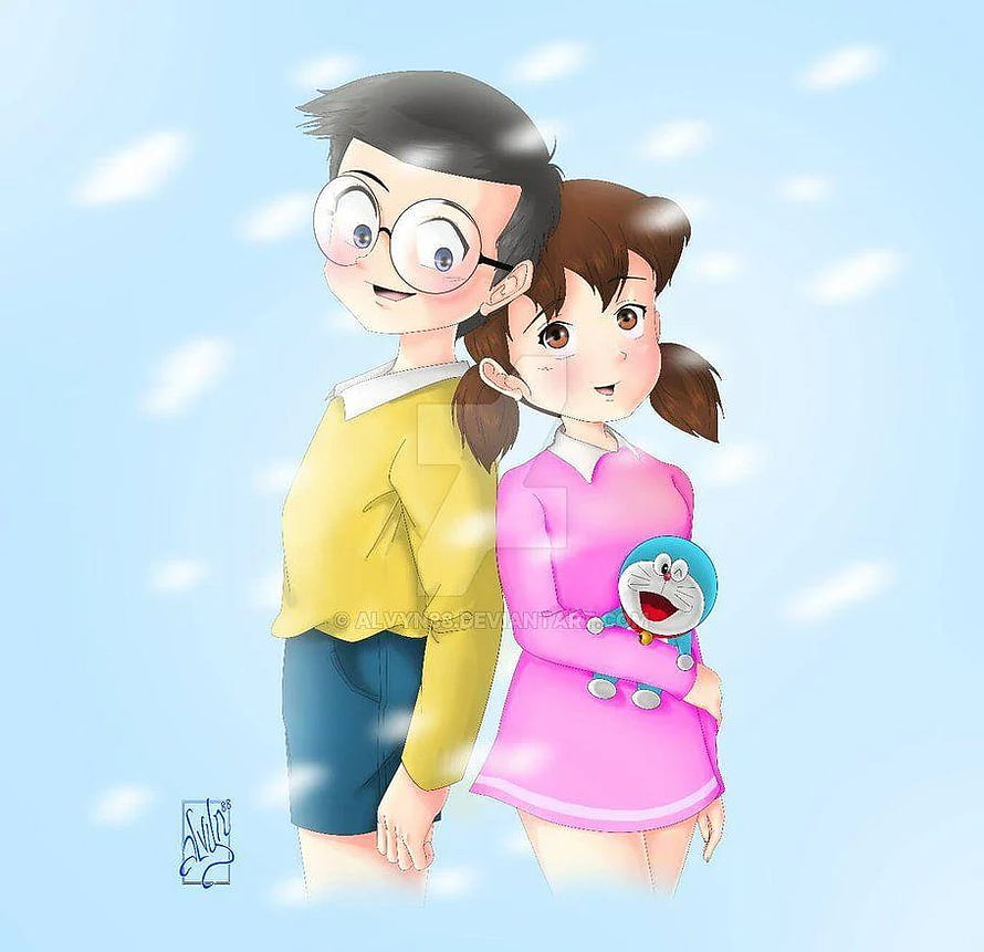 Nobita and Shizuka with Doraemon in a Soft Pastel Anime Illustration HD wallpaper