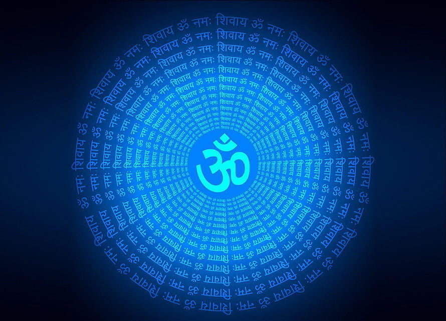 Glowing Blue Om Symbol Surrounded by Circular Namah Shivay Mantra Text, Om, ohm HD wallpaper