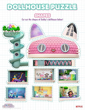 Gabby's Dollhouse Printable Puzzle Activity Sheet with Cutout Shapes and Rooms HD phone wallpaper