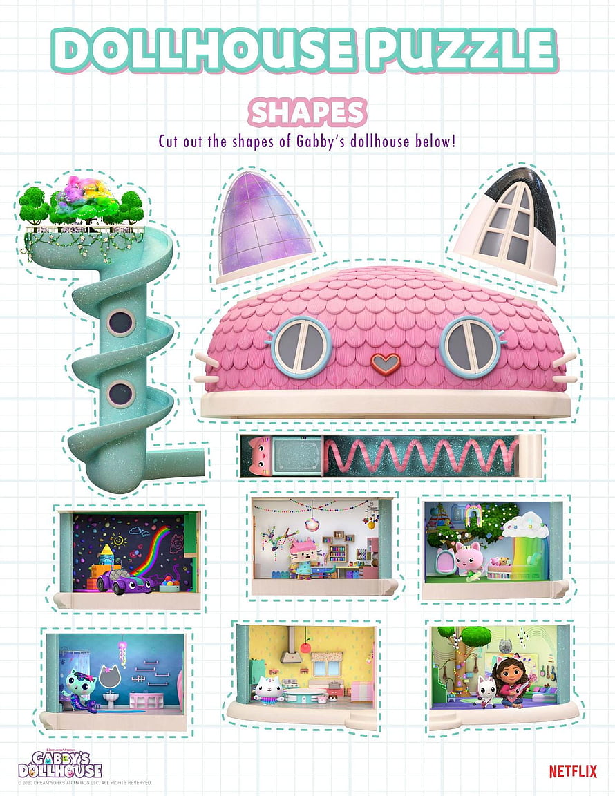 Gabby's Dollhouse Printable Puzzle Activity Sheet with Cutout Shapes and Rooms HD phone wallpaper