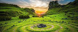 Sunset Over Green Valley With Ancient Stone Circle And Rocky Hills HD wallpaper