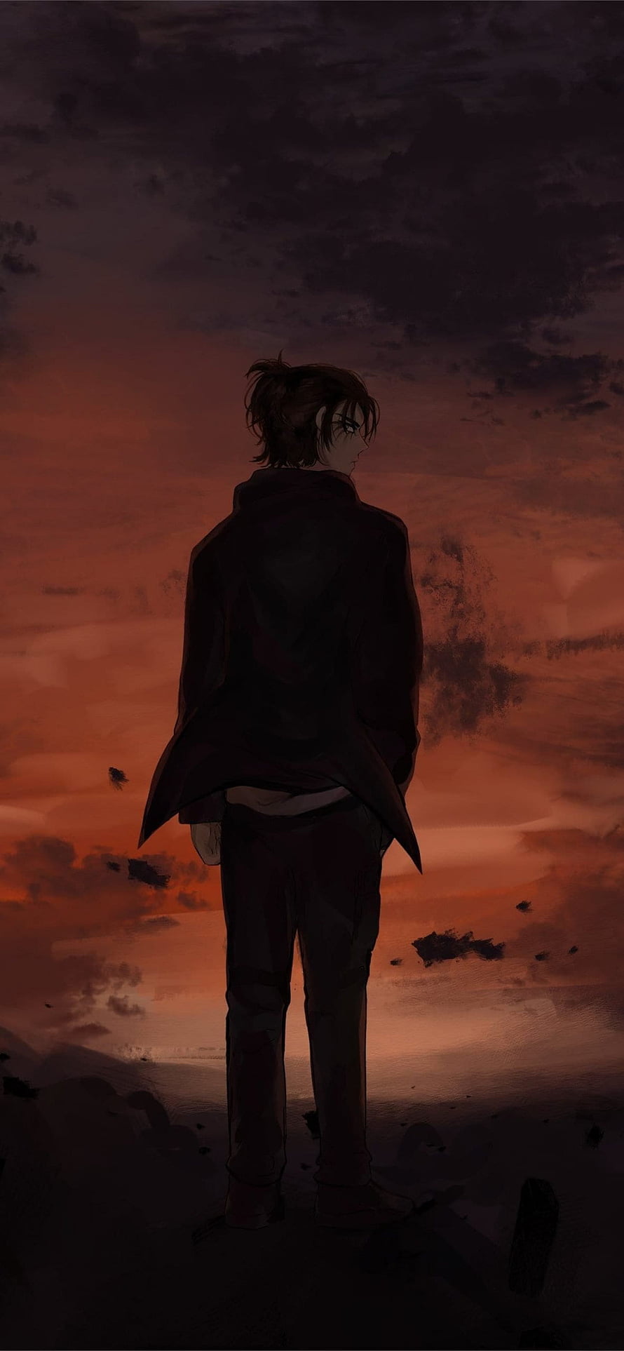 Anime Character Standing Silhouette Against Dramatic Sunset Sky HD phone wallpaper