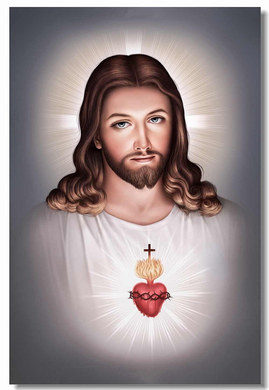 Sacred Portrait of Jesus Christ with Glowing Sacred Heart and Divine Light Rays HD phone wallpaper