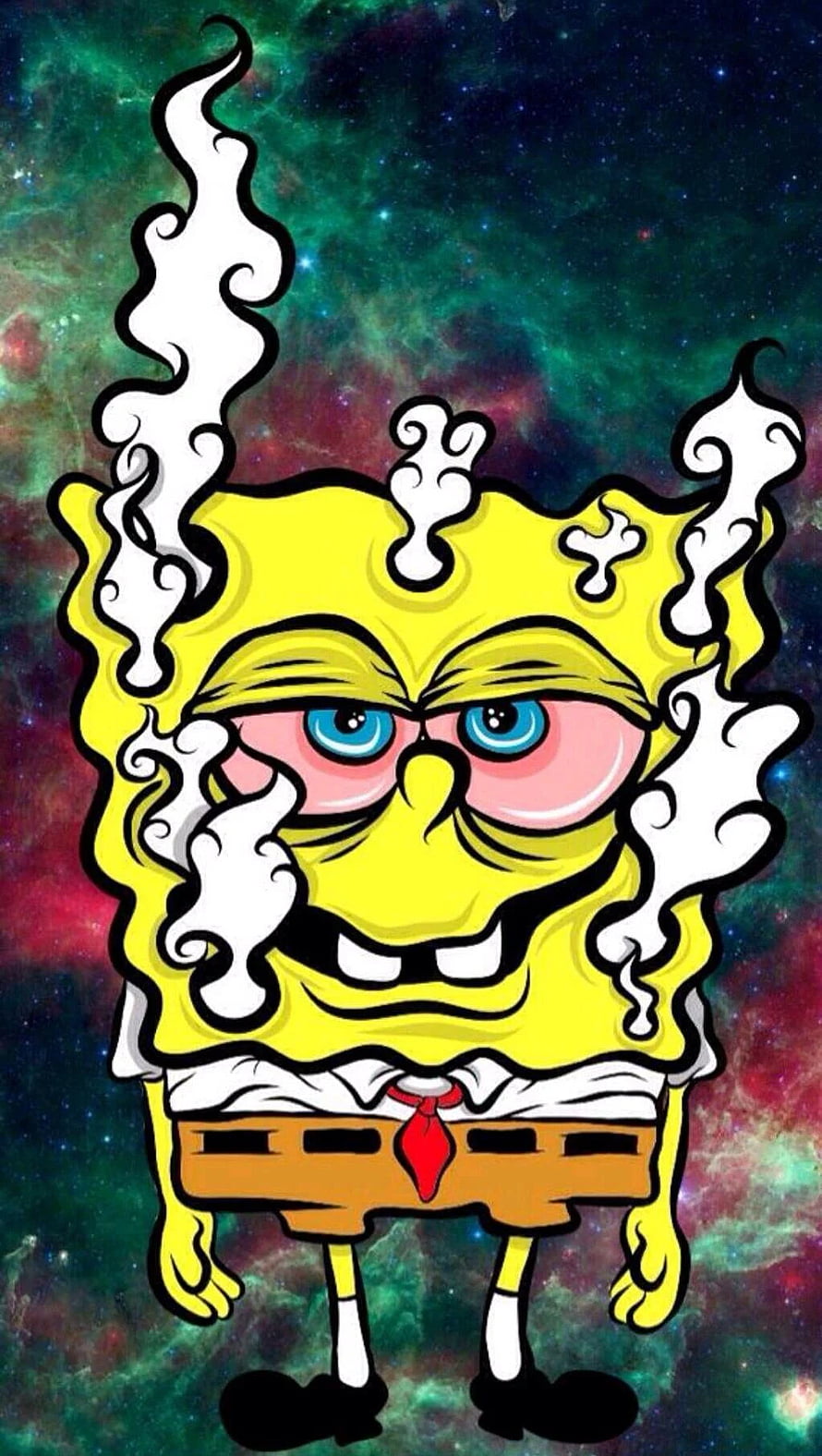 Angry SpongeBob SquarePants with Steam Rising Against a Colorful Galaxy Background HD phone wallpaper