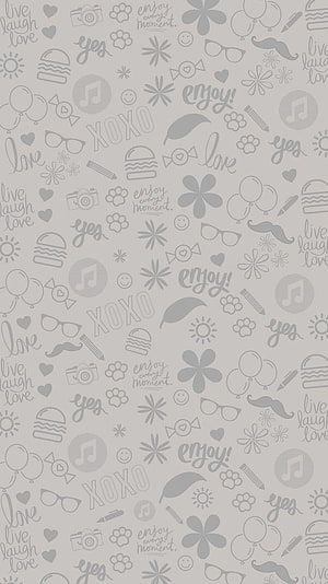 Warm Grey Doodle Pattern Wallpaper with Cute Icons and Handwritten Phrases HD phone wallpaper