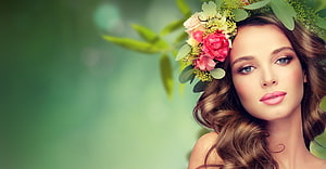 Elegant Woman With Floral Crown And Wavy Hair Against Soft Green Background, Beauty Parlour Model, #beauty parlour HD wallpaper