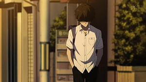 Houtarou Oreki Walking Through a Quiet Japanese Street at Dusk HD wallpaper