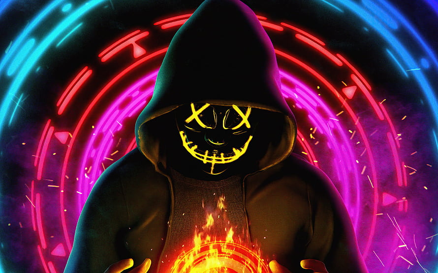 Glowing Vengeful Mask Hooded Figure with Neon Portal and Fire HD wallpaper