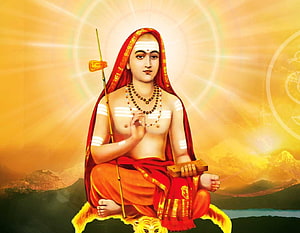 Adi Shankaracharya seated in meditation with sacred staff and tiger skin HD wallpaper