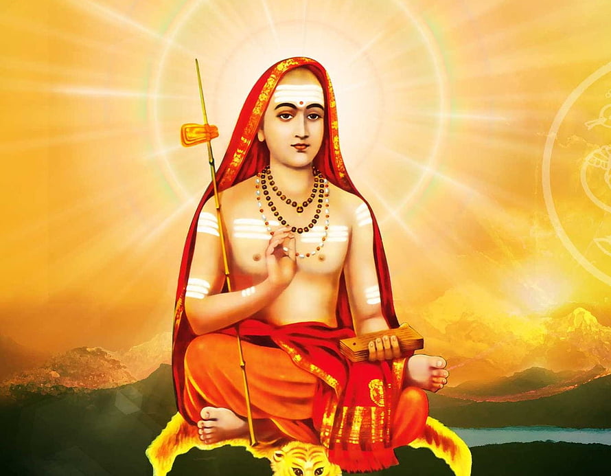 Adi Shankaracharya seated in meditation with sacred staff and tiger skin HD wallpaper