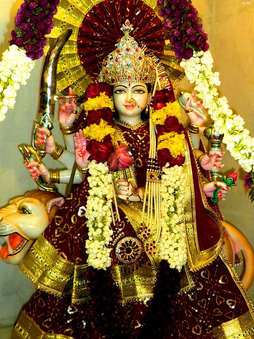 Goddess Durga Matha adorned in maroon and gold with a tiger mount and floral garlands HD phone wallpaper