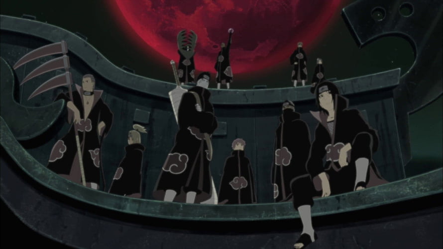 Naruto Akatsuki Members Gathered on a Platform Under a Blood Moon HD wallpaper