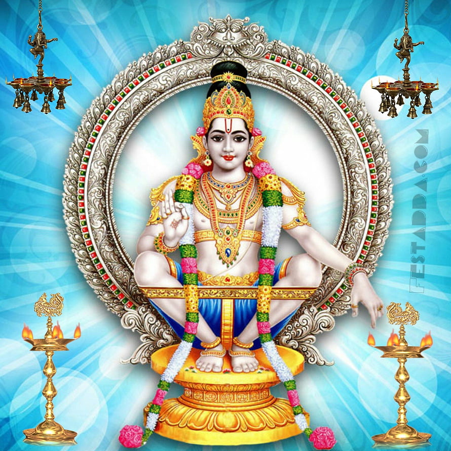 Ayyappa Swamy Divine Portrait with Ornate Halo and Traditional Oil Lamps HD phone wallpaper