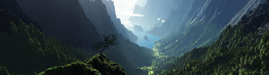 Majestic Mountain Valley with Distant Lake and Solitary Tree on Rocky Outcrop HD wallpaper