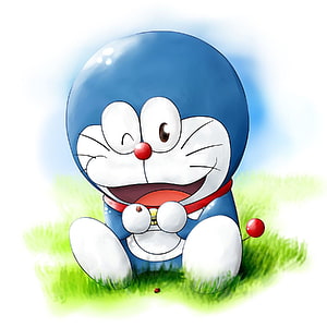Cute Doraemon Sitting on Green Grass with Ladybugs HD phone wallpaper