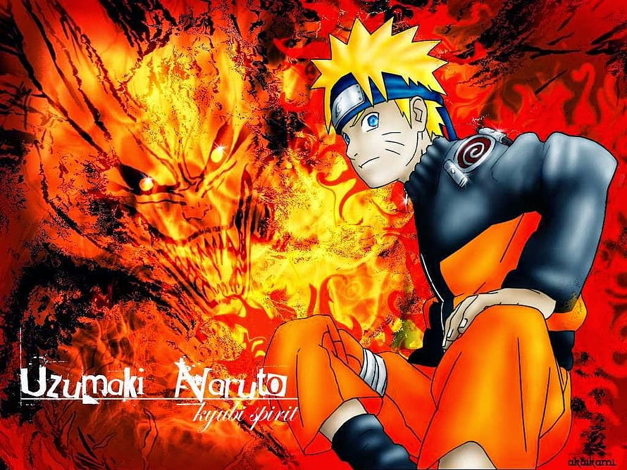 Naruto Uzumaki with Kyubi Nine-Tails Flame Spirit in Fiery Anime Artwork HD wallpaper