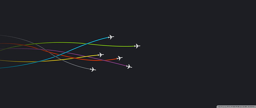 Minimalist Airplane Flight Paths with Colorful Trails on Dark Background HD wallpaper