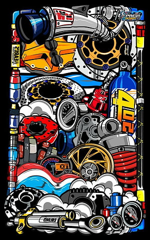 Vibrant Pop Art Illustration of Motorcycle Suspension, Brakes, and Engine Components HD phone wallpaper
