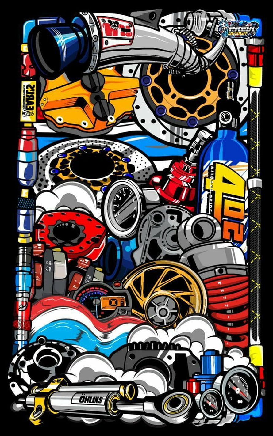 Vibrant Pop Art Illustration of Motorcycle Suspension, Brakes, and Engine Components HD phone wallpaper