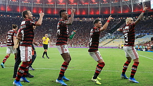 Flamengo players celebrating on the pitch during a Copa Libertadores match HD wallpaper
