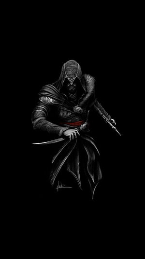 Ezio Auditore from Assassin's Creed in a dark hooded assassin pose holding a curved blade HD phone wallpaper