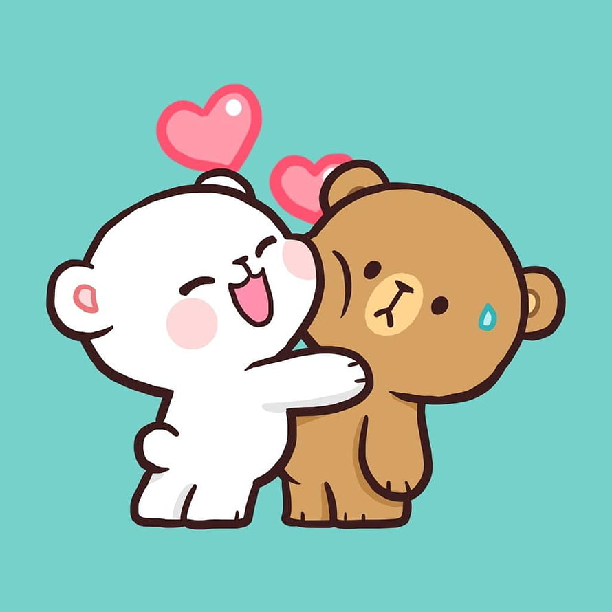 Milk and Mocha Cartoon Bears Hugging with Floating Hearts on Teal Background HD phone wallpaper