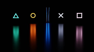 PlayStation 5 Console with Glowing Triangle Circle Cross Square Symbols HD wallpaper