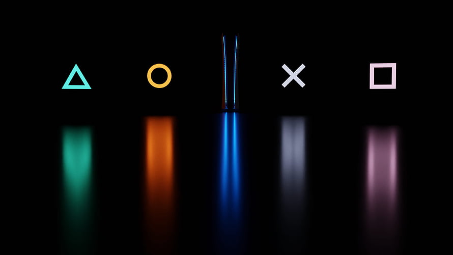 PlayStation 5 Console with Glowing Triangle Circle Cross Square Symbols HD wallpaper